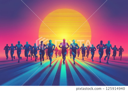 Vibrant Silhouette Runners in a Colorful Sunset Landscape Featuring Dreamy Gradients, Energetic Movement, and a Dynamic Sense of Freedom and Passion for Running 125914940