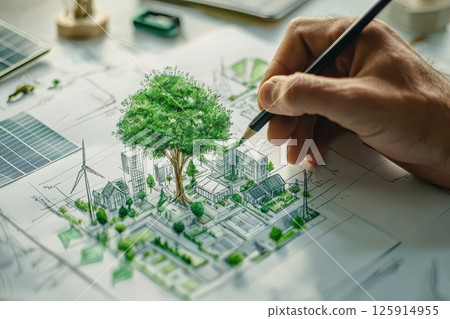 Green City Sketch with Sustainable Elements and Nature 125914955