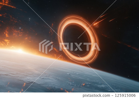 Wide Angle View of a Glowing Ringed Planet Above a Distant Horizon 125915006