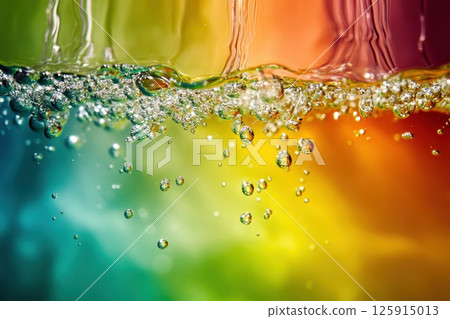 Close-Up of Colorful Bubbles Rising in Water with Capsule Dissolving 125915013