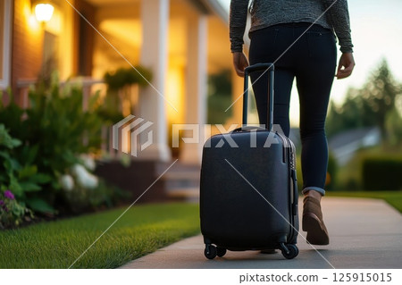 Modern Traveler Stepping Onto Front Porch With Stylish Luggage 125915015