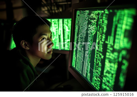 Focused Individual Analyzing Data on Computer Screen Surrounded by Green Code in Dark Environment Focused Individual Analyzing Data on Computer Screen Surrounded by Green Code in Dark Environment 125915016