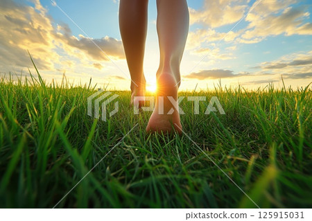 Barefoot Walk at Sunset on a Lush Green Grass Landscape with Golden Sky Reflection 125915031