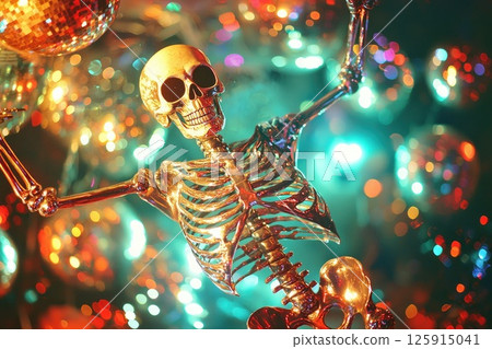 A skeleton is holding a disco ball in its hand. Scene is festive and lively 125915041