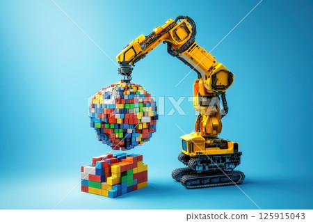 Minimalist Futuristic Visualization of Robot Constructing Colorful Sphere Minimalist Futuristic Visualization of Robot Constructing Colorful Sphere 125915043