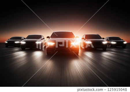 Dramatic Racing Scene with Car Silhouettes on an Elevated Track at Sunset 125915048