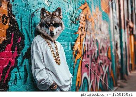 A man in a white shirt is posing with a wolf mask on 125915081