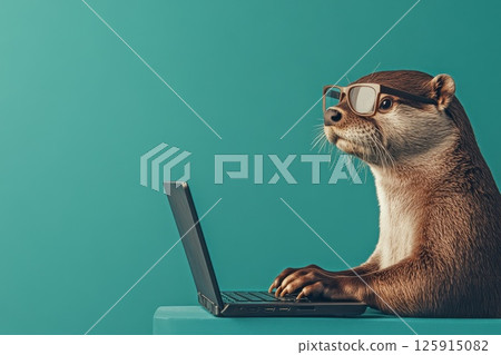 Stylish Otter Typing on Laptop Wearing Glasses in a Minimalist Framed Rectangle Stylish Otter Typing on Laptop Wearing Glasses in a Minimalist Framed Rectangle 125915082
