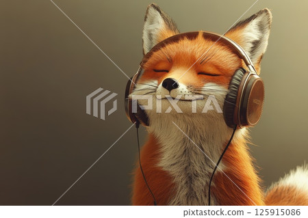 Charming Fox with Fluffy Tail Enjoying Music in Elegant Headphones 125915086