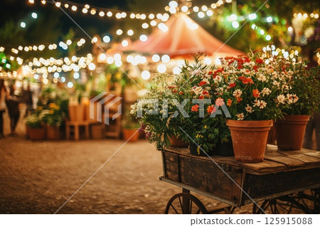 A cart full of potted plants is parked in front of a tent, The scene is set in a market or festival 125915088