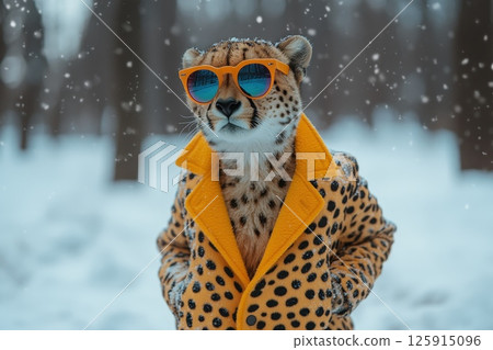 Stylish Cheetah in Sunglasses with Snowy Background 125915096