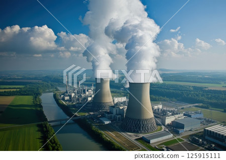 Aerial View of Nuclear Power Plant with Cooling Towers and Water Reflection Under Blue Sky 125915111