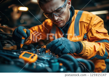 Detailed View of a Mechanic Working in an Engine Bay Detailed View of a Mechanic Working in an Engine Bay 125915147