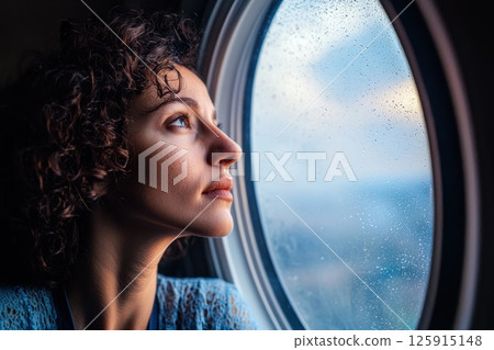 A woman with curly hair is looking out of an airplane window 125915148