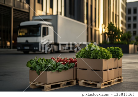 Modern Urban Market with Fresh Vegetables in Focus 125915165