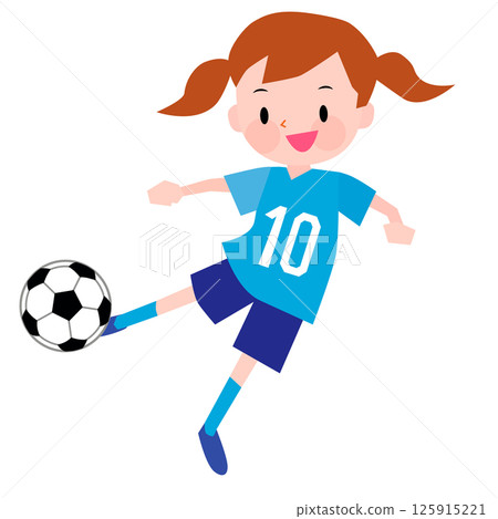 A girl wearing a light blue uniform playing soccer 125915221