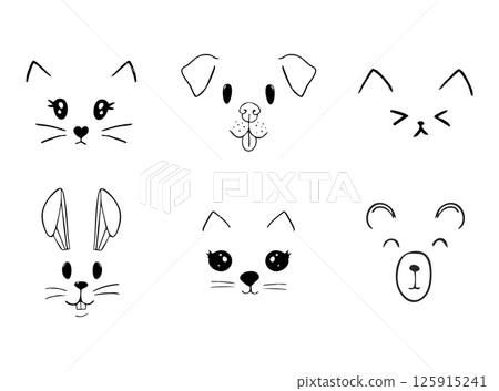 Cute animal faces, pet comic doodle with expressions. Set heads with delicious lick tongue, mouth, adorable emotions. Comic cartoon or kawaii fanny pet 125915241