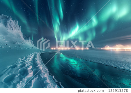 Northern lights in the mountains. Beautiful winter night landscape. 125915278
