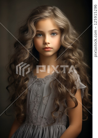 Studio portrait of cute curly little teen girl. Portrait of a beautiful little girl Studio portrait of cute curly little teen girl. Portrait of a beautiful little girl 125915296