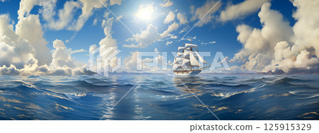 Sailing ship yachts with white sails at opened sea 125915329