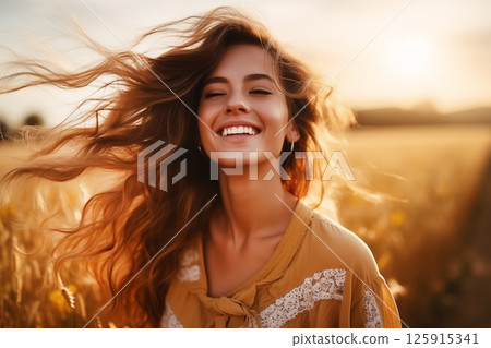 Portrait of calm happy smiling free woman with closed eyes 125915341