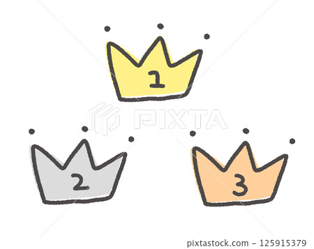 Hand-drawn cute and loose crown ranking set, gold, silver and bronze 125915379
