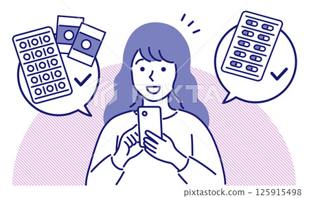 A simple and pop vector illustration of a woman operating a medicine notebook app A simple and pop vector illustration of a woman operating a medicine notebook app 125915498