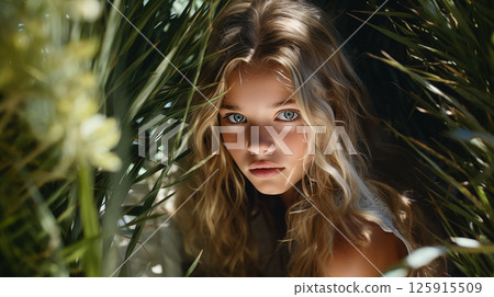 portrait of a beautiful girl with green leaves 125915509