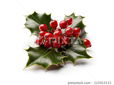 holly leaves with red berries on a white background. 125915515