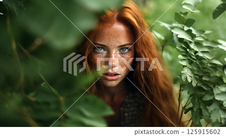 portrait of a girl with freckles and bright green eyes 125915602