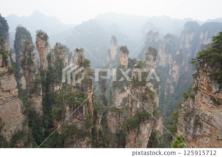 Majestic Sandstone Pillars of Zhangjiajie National Forest Park, China 125915712