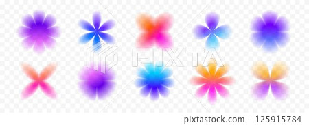 Colorful blurred gradient flowers collection. Bright blur floral aura shape set. Fading abstract elements for poster, template, badge, sticker, collage. Vector iridescent smooth gradation flower pack 125915784