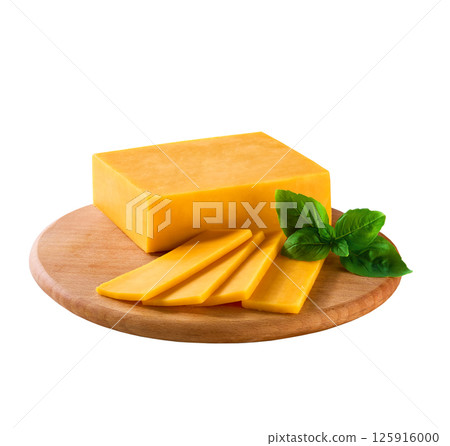 pieces of cheddar cheese on a cutting board isolated on a white background. pieces of cheddar cheese on a cutting board isolated on a white background. 125916000