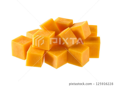 cheddar cheese, diced, isolated on white background. 125916228