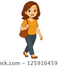 Character illustration of a young woman walking with a smile 125916459