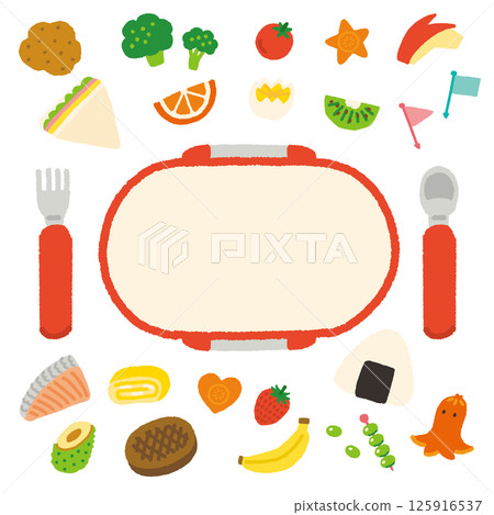 Cute illustration set of bento boxes and side dishes, handwritten, text space 125916537