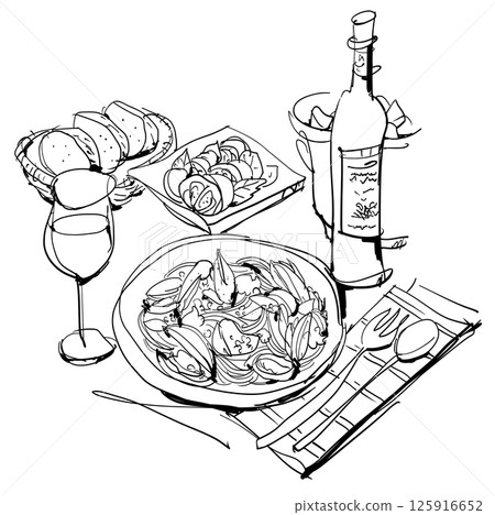 Italian cuisine, wine, pasta, bread, Caprese Italian cuisine, wine, pasta, bread, Caprese 125916652