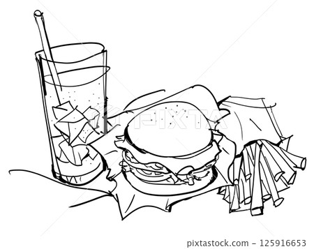 Hamburger, fries, juice, fast food Hamburger, fries, juice, fast food 125916653