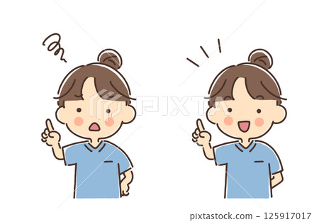 一群穿著工作服的女人用手指指著（擔憂的臉/微笑的臉） 125917017