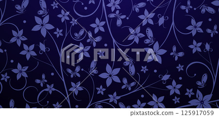 Seamless pattern with flowers and butterflies on a dark blue backgrounds for wallpapers in the style of baroque seamless, Fashionable modern wallpaper or textiles, book covers printing paper material 125917059