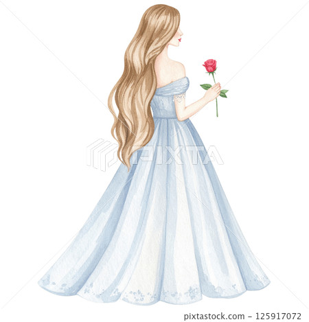 Watercolor Woman in White Dress with Red Rose - Romantic Figure Illustration 125917072