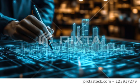 An architect brings architectural designs to life with 3D holographic construction models. The concept of innovation in architecture and futuristic design. Generative Ai. 125917279