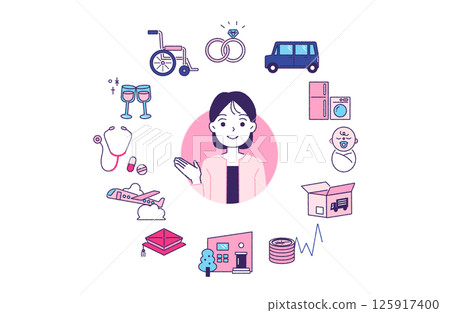 Set of 12 costly items in life icons and female staff 125917400