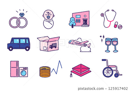 Icon set of 12 things in life that cost money Icon set of 12 things in life that cost money 125917402