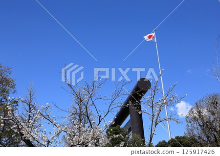The large torii gate and the Japanese flag of Yasukuni Shrine 125917426