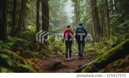 Two People Enjoying a Hiking Adventure in a Lush Forest Setting 125917572