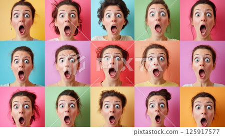 Vibrant collage of diverse people showcasing surprised emotional expressions on colorful backdrops 125917577