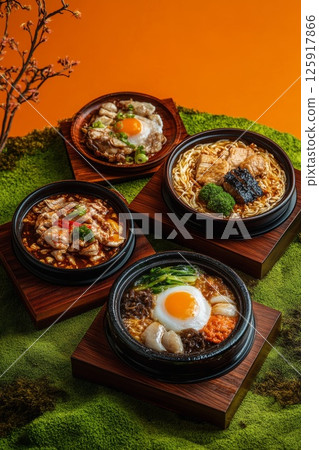Artfully Arranged Trio of Distinct Culinary Dishes with Braised Chicken and Mung Beans 125917866