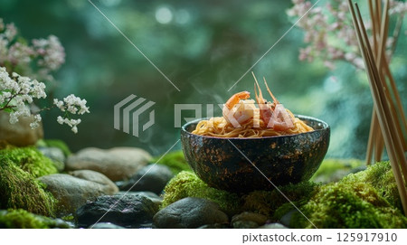 Elegant dish featuring noodles and shrimp served in a ceramic bowl on moss covered rocks in a natural setting Elegant dish featuring noodles and shrimp served in a ceramic bowl on moss covered rocks in a natural setting 125917910