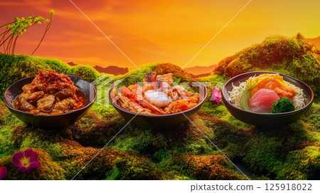 Three Distinct Culinary Creations on a Rustic Table Featuring Braised Chicken and Mung Beans Mixed With Fresh Ingredients Three Distinct Culinary Creations on a Rustic Table Featuring Braised Chicken and Mung Beans Mixed With Fresh Ingredients 125918022